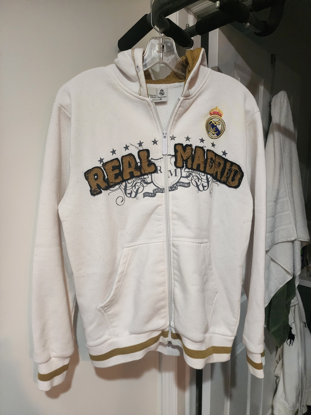 Real Madrid Soccer Team White & Gold Varsity Zip-Up Jacket. Unisex.Have M and L.